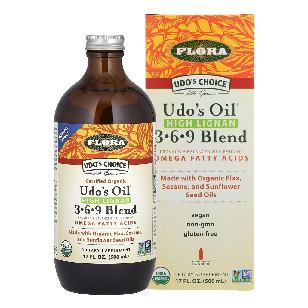 Flore - Udo's Choice High-Lignan 369 Omega Oil Blend, Udo's Oil Balanced 2:1:1 Rapport des acides gras oméga, fait avec du lin biologique, du sésame et des huiles de graines de tournesol, 17-oz. Bouteille en verre