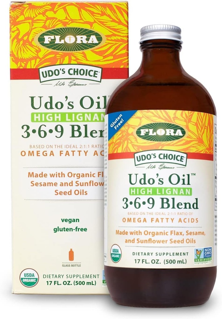 Flore - Udo's Choice High-Lignan 369 Omega Oil Blend, Udo's Oil Balanced 2:1:1 Rapport des acides gras oméga, fait avec du lin biologique, du sésame et des huiles de graines de tournesol, 17-oz. Bouteille en verre