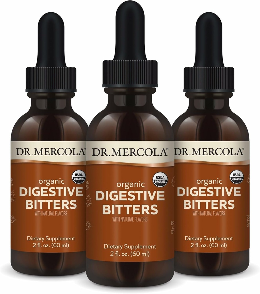 Dr Mercola Organic Digestive Bitters Liquid Drops - Soutien à la santé digestive - Formule sans alcool - Caractéristiques Root, Dandelion Leaf, Fennel Seed & More - 2 fl. (30 portions), 3 Pack