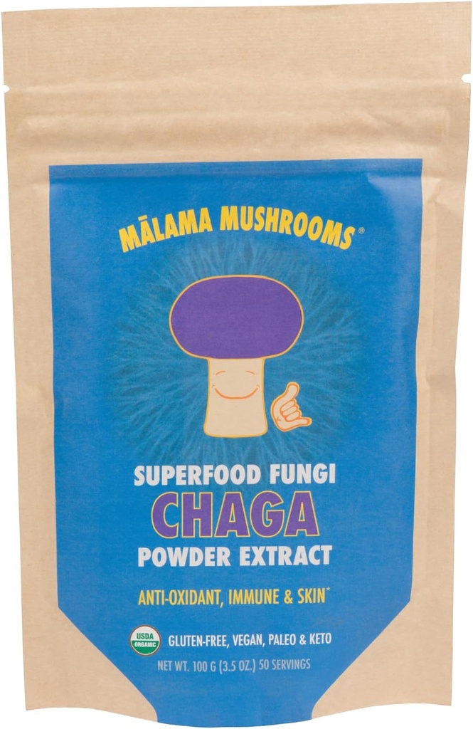 Poudre d'extrait de Chaga par Malama, Poudre de champignons de Chaga, Superfood Adaptogène, Supporte le système immunitaire, la santé de la peau et la fatigue, 100 portions