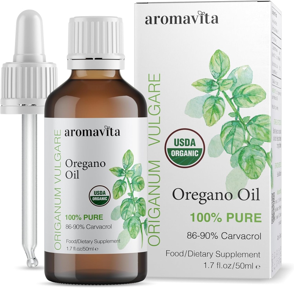 Huile organique essentielle d'Origan-100% Huile d'Origan Grec pure non diluée avec Carvacrol - Plus de 86%, Non-OGM, Huile d'Origan extra-résistance gouttes liquides organiques, 1,7 FL.OZ/50ml