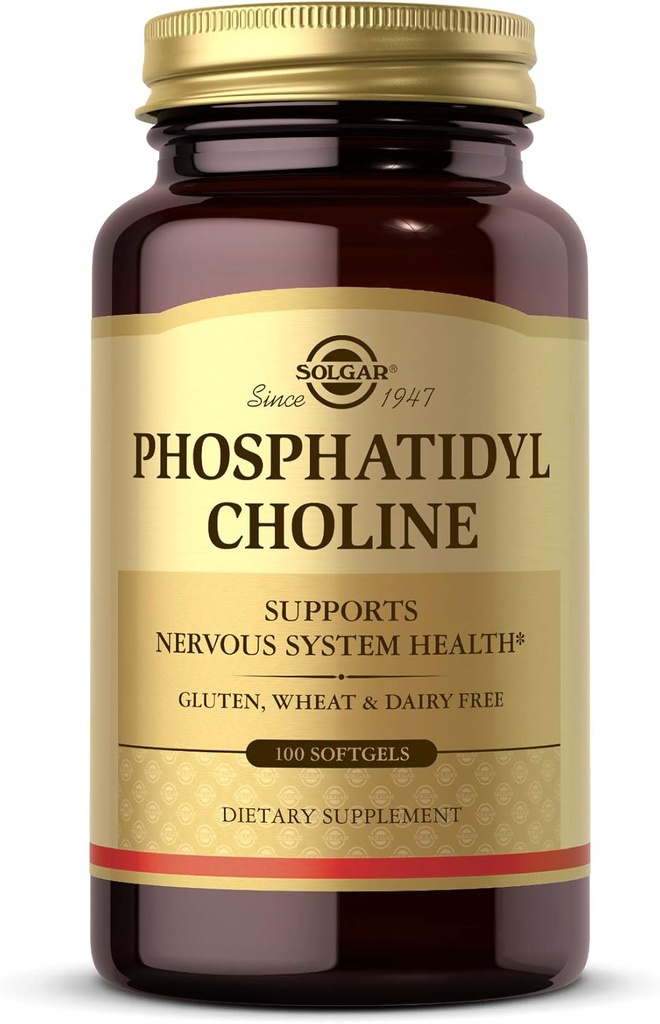 Solgar Phosphatidylcholine, 100 softgels - Promouvoir une fonction cognitive saine - dérivé de la lécithine - contient de la choline pour l'acétylcholine Neurotransmetteur - sans gluten, sans lait - 50 portions