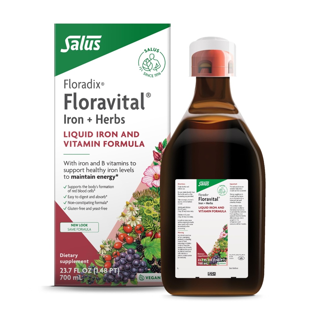 Floradix Formule de fer et de vitamines liquides Floravital - Supplément de fer liquide avec vitamines et herbes C & B pour le soutien énergétique - Vegan, sans gluten, sans levure et sans OGM - 23,7 Fl Oz