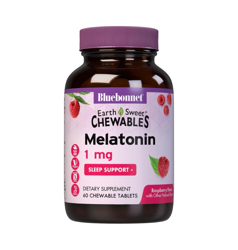Bluebonnet Nutrition EarthSweet Melatonin 1 mg à action rapide Dissolve la nuit relaxation et repos de sommeil - Aide au sommeil - Sans gluten, végétalien - Arôme - Comprimés à croquer Framboise