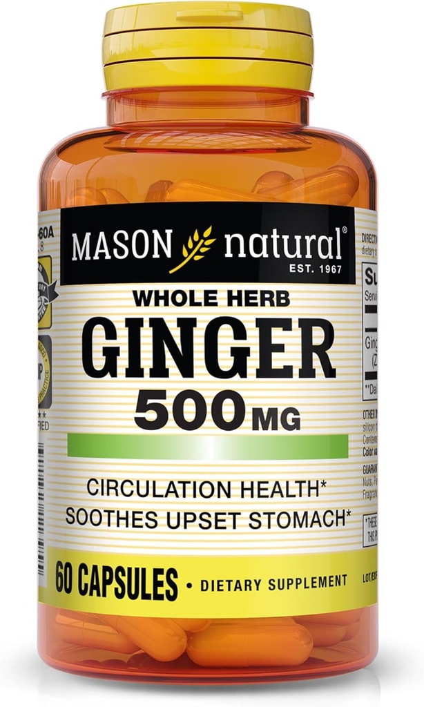 MASON NATURAL Ginger entier d'herbe 500 mg, 2 mois d'approvisionnement, supplément à base de plantes naturelles, 60 capsules