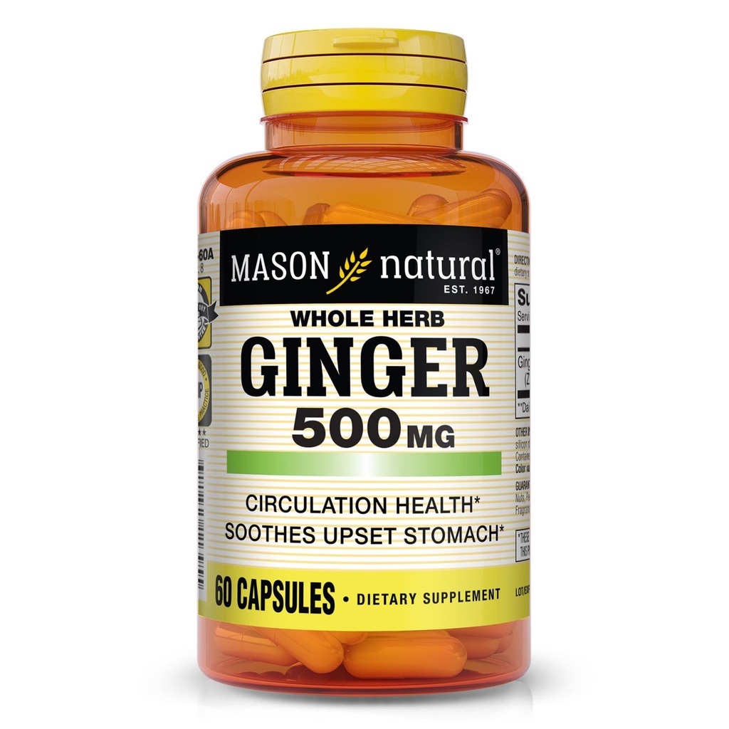 MASON NATURAL Ginger entier d'herbe 500 mg, 2 mois d'approvisionnement, supplément à base de plantes naturelles, 60 capsules