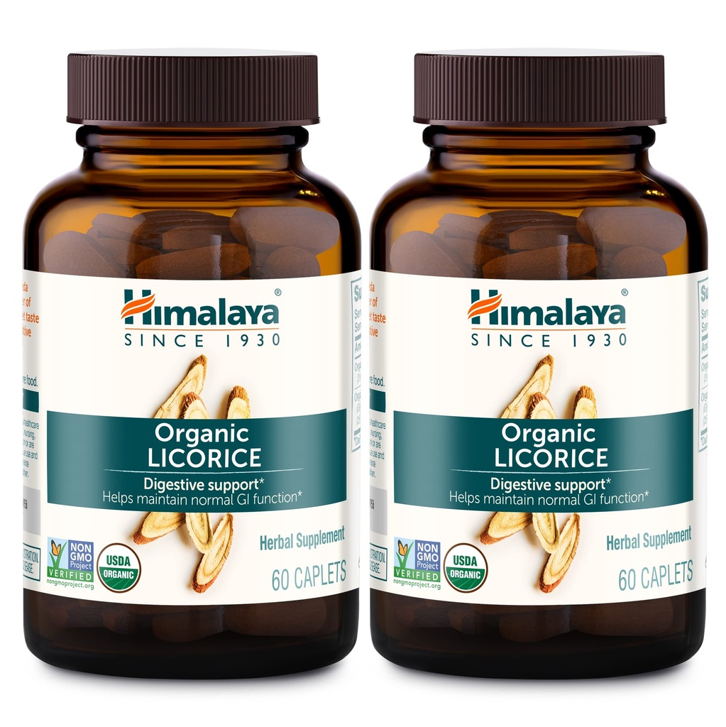 Licorice biologique Himalaya, 120 jours d'approvisionnement - supplément de santé digestif pour l'estomac relevé, le ballonnement occasionnel et les brûlures d'estomac - USDA biologique, végétalien, non-OGM, non-DGL, sans gluten, 60 capsules, 2 paquets