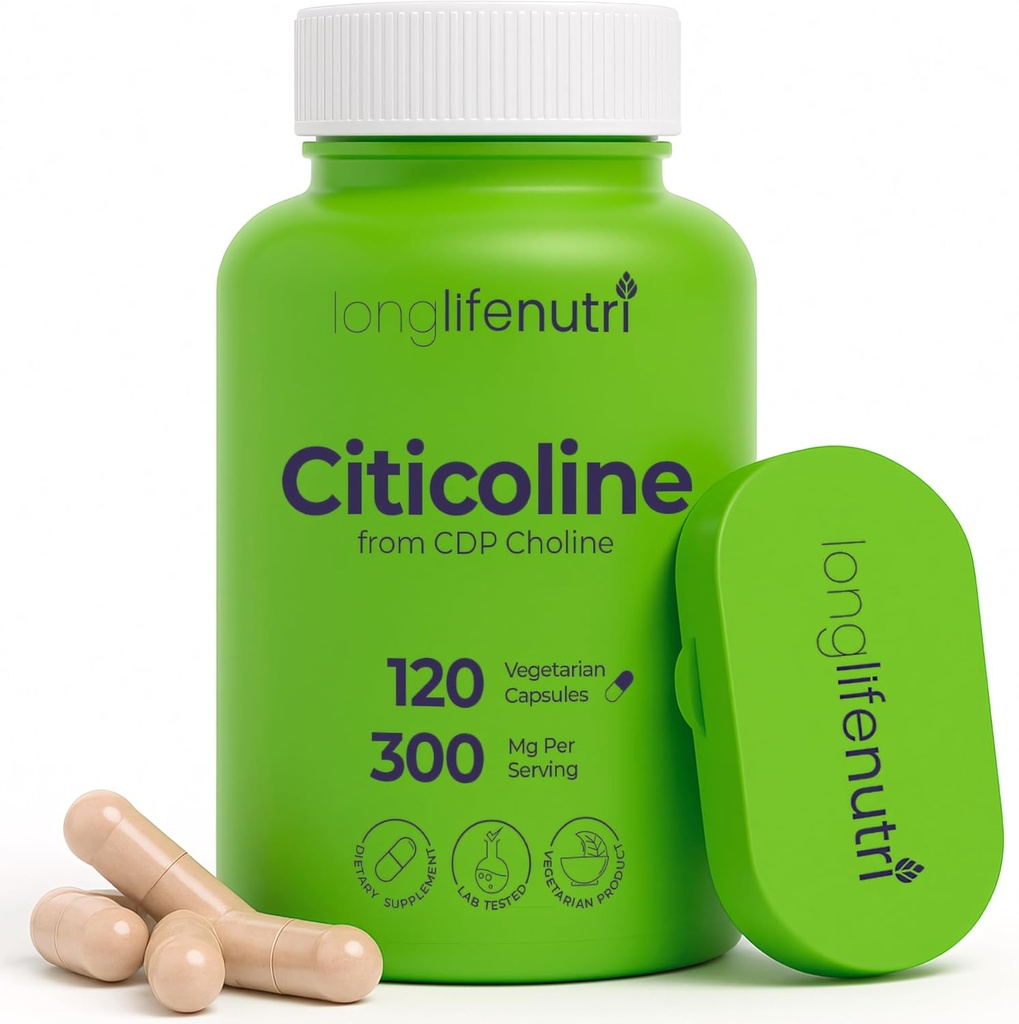 LongLifeNutri Citicoline (CDP-Choline) 300 mg, 120 capsules végétariennes, 4 mois d'approvisionnement, GMP certifié, fabriqué aux États-Unis