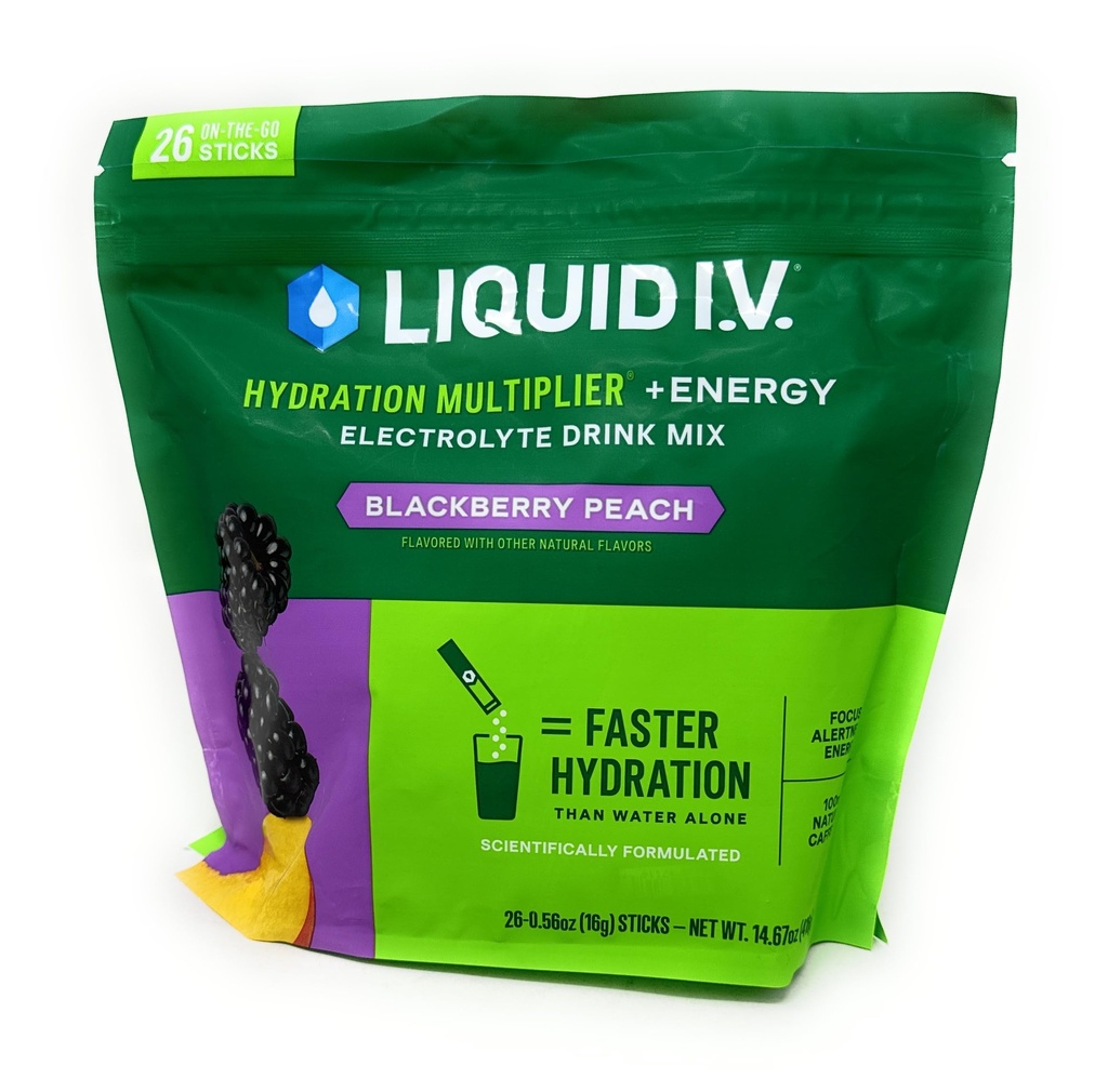 Liquid I.V. Hydration Multiplier + Energy Drink Mix, BlackBerry Peach (26 Pack)