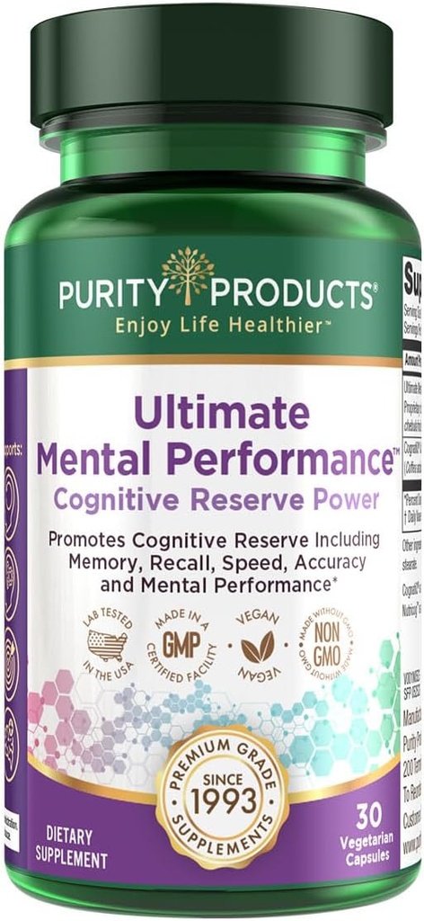 Purity Products Ultimate Mental Performance Supports Memory Recall, Mental Focus + More - Nootropic Powerhouse ft. Patented Botanical Plant-Based Ingredients - Vegan & Non-GMO - 30 Veggie Caps