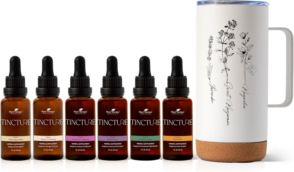 L'ensemble de teinture végétale comprend 30 mL chacun de l'ashwagandha biologique, du ginseng asiatique, du mélange d'échinacée, de la mûre aînée, du baume de citron, du curcuma et de la tasse de voyage