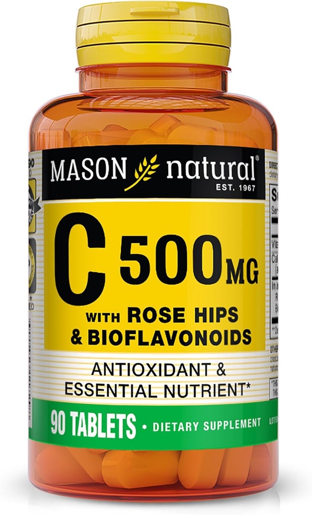 MASON Vitamine naturelle C 500 mg, avec HIPS Rose et bioflavonoïdes, support immunitaire et formule antioxydante, 90 comprimés