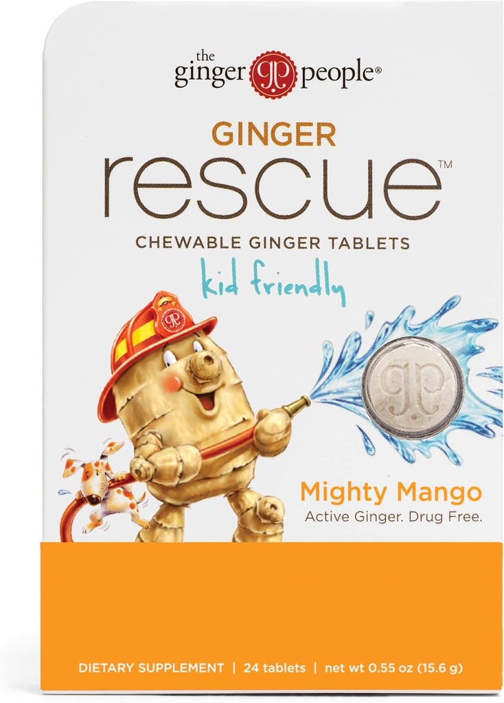 Gens de gingembre Ginger Rescue® comprimés chirurgicaux sans drogue santé digestive, 5,5 oz comprimés chirurgicaux, Mighty Mango Flavor, ami des enfants, 0,55 Oz, 24 comte (paquet de 1)