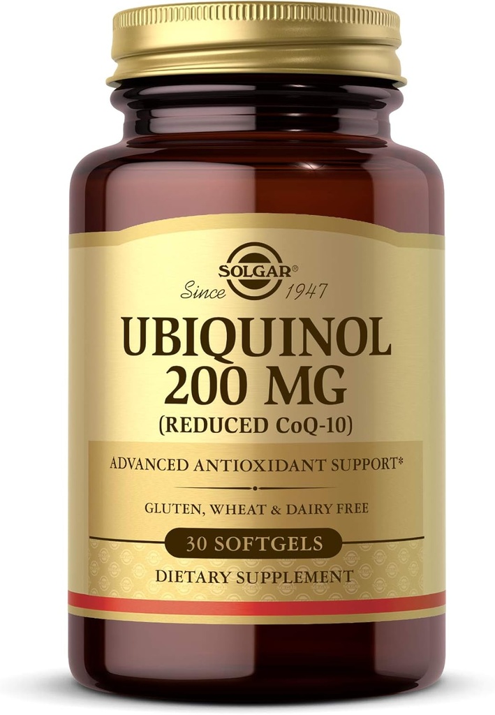 Solgar Ubiquinol 200 mg (CoQ-10 réduit), 30 softgels - favorise le coeur et la fonction cérébrale - soutient le vieillissement en santé - Coenzyme Q10 - supplément d'Ubiquinone - sans gluten, sans lait - 30 portions , sans saveur, standard