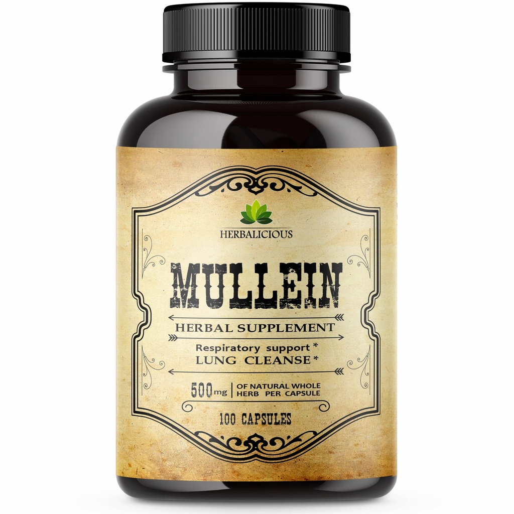 HERBALICIEUX Extrait de feuille de Mullein pour les poumons – Détox pulmonaire pour les fumeurs et le soutien respiratoire – Supplément à base de plantes pour le nettoyage pulmonaire, la désintoxication et le mieux-être digestif – végétalien, non-OGM, 100 capsules