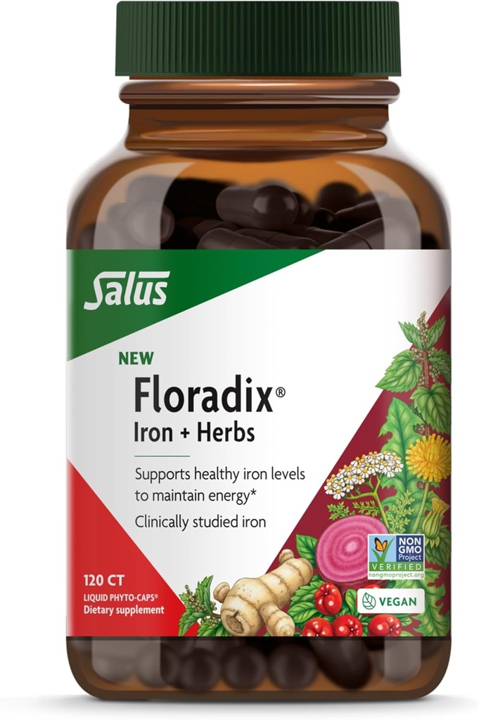 Floradix Iron + Herbes - Supplément de fer pour un soutien énergétique sain* - Supporte la formation de cellules rouges de sang - Vegan, non-OGM, sans gluten, sans soja - 120 bouchons de Phyto liquide