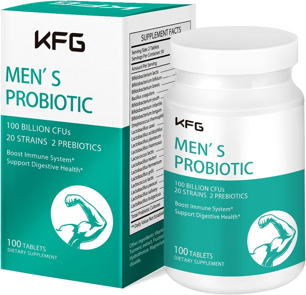 KFG Probiotic Supplement 100 milliards CFU, 20 souches, 2 prébiotiques et enzymes digestives, soutient la digestion, le soutien immunitaire, la santé et le métabolisme, non OGM, sans gluten et sans soja, 100 comprimés