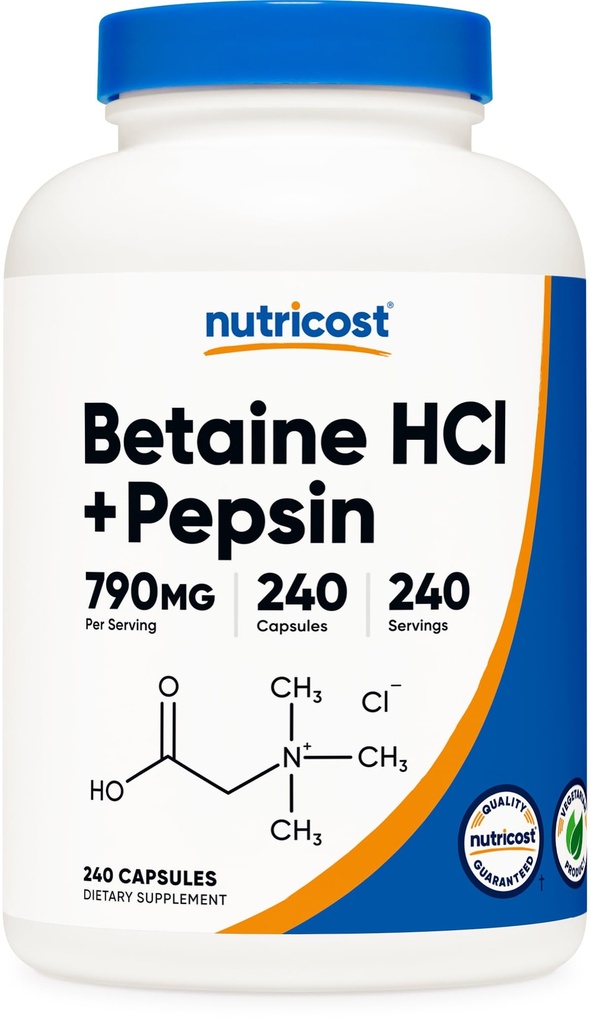 Nutricost Betaine HCl + Pepsin 790mg, 240 Capsules - Végétarien et OGM Sans