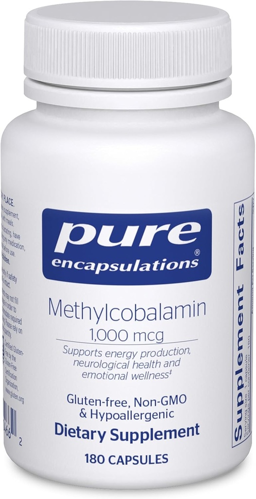 Encapsulations pures méthylcobalamine 1 000 mcg - Supplément de vitamine B12 pour soutenir la mémoire et la santé nerveuse - Capsules de vitamine B12 Premium - 180 Capsules