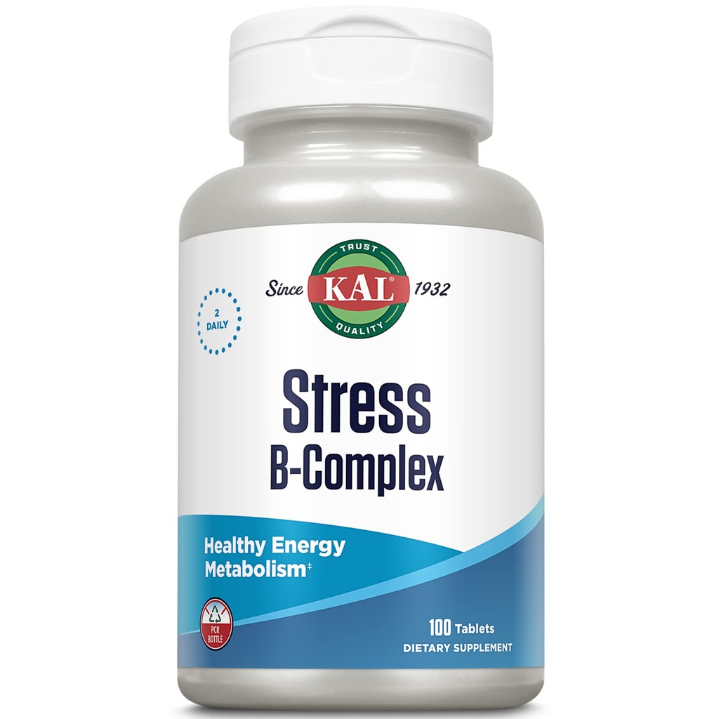 KAL Stress B Complex Vitamine Supplement, Complexe Vitamine B pour l'énergie, le stress, la formation de globules rouges et le soutien immunitaire, avec vitamine B12, B6 et acide folique, garantie de 60 jours, 50 portions, 100 comprimés