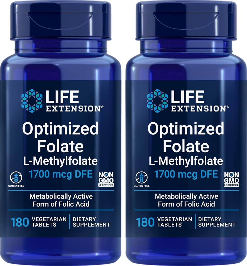Life Extension Optimized Folate (L-Methylfolate) 1700 mcg DFE, 180 Veg Tablets (Pack of 2)