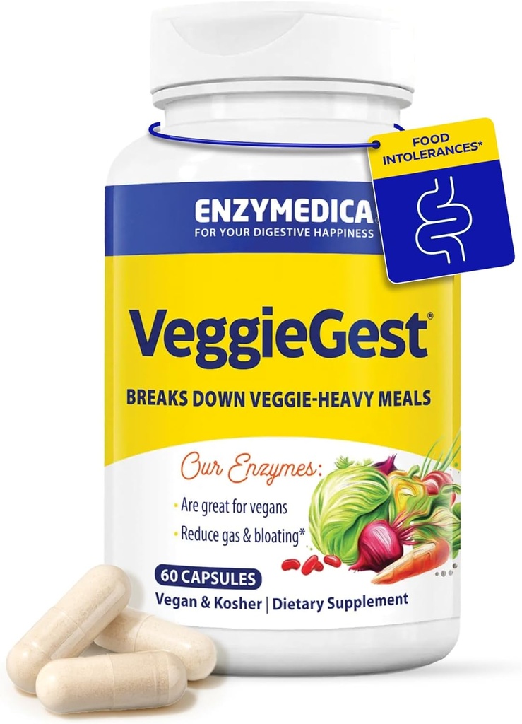 Enzymedica, VeggieGest, Enzymes digestifs, soutient le gaz occasionnel et le dégel des repas à haute fibre, pour les régimes végétaliens et végétariens, mélange d'enzyme pour la santé digestive, 60 comte