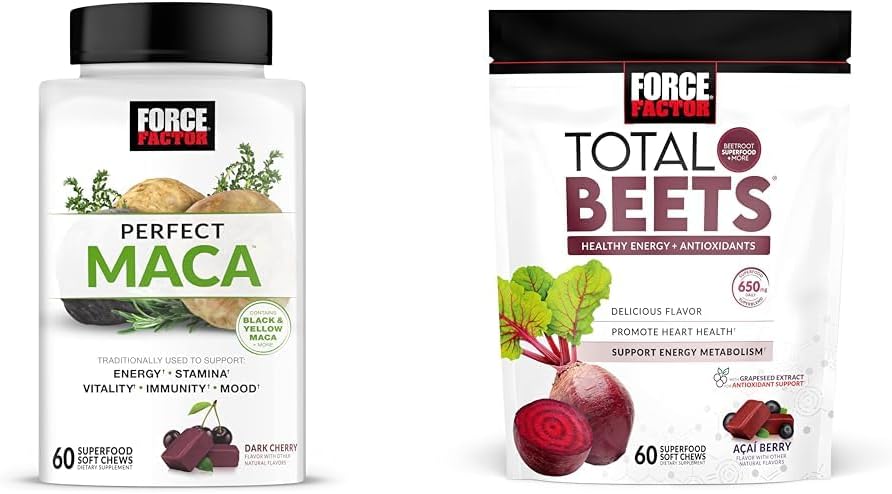 Facteur de force Maca & Beet Soft Chews Bundle avec 60 Maca Chews et 60 Beet Chews pour l'énergie, l'endurance et la santé cardiaque