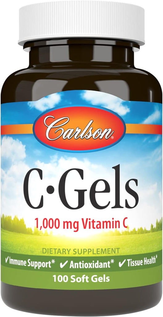 Carlson - C-Gels, 1000mg, Vitamine C Softgels, Soutien immunitaire et santé cardiaque, Vitamine C Softgels, Antioxydant, Supplément vitamine C, 100 Softgels