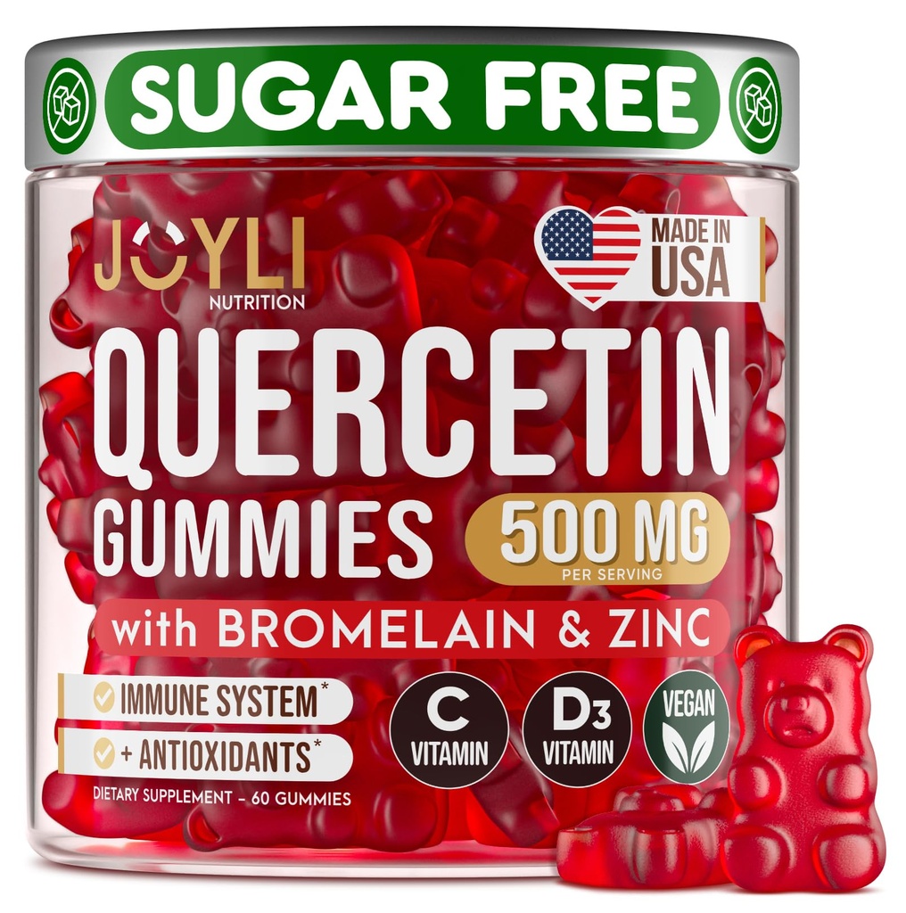 JOYLI Quercetin Gommies - Quercetin avec Bromelain Zinc Vitamine C et Vitamine D3 - Supplément Quercetin 500MG pour système immunitaire et allergène - Quercetin pour les enfants et les adultes - 60 Quercetin Chewable