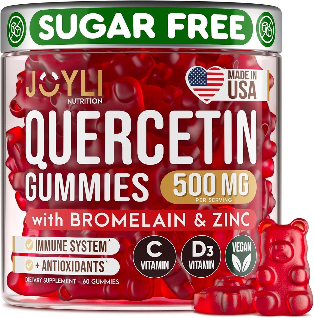 JOYLI Quercetin Gommies - Quercetin avec Bromelain Zinc Vitamine C et Vitamine D3 - Supplément Quercetin 500MG pour système immunitaire et allergène - Quercetin pour les enfants et les adultes - 60 Quercetin Chewable