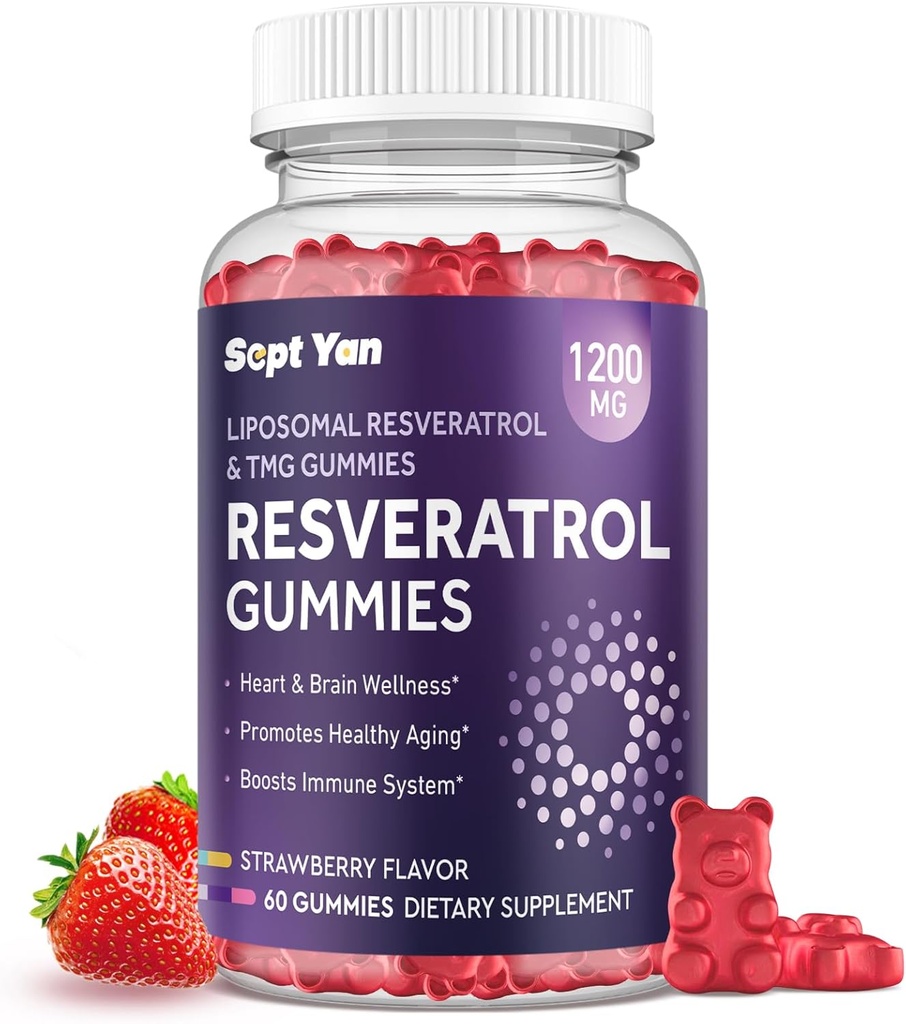 Supplément de resvératrol NAD liposomique 1200mg avec NAD+, Quercetin, TMG, Pterostilbène, Extrait de vin rouge, Antioxydant, Vieillissement en santé, Réparation cellulaire, Énergie, Fonction Cerveau - 60 Gummies
