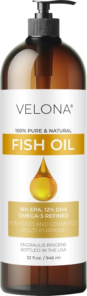Oil Omega-3 de poisson par Velona - 32 Fl Oz , 100% Huile de transporteur pure et naturelle , 100% raffiné , Vitamine E , D, Omega-3 , Cuisson, peau, visage, corps, soins capillaires , Utilisation aujourd'hui - Profitez des résultats