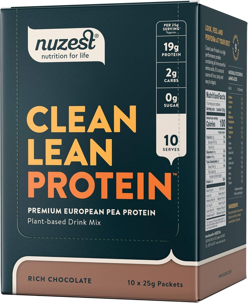 Nuzest - Pea Protein Powder - Clean Lean Protein, Premium Vegan Plant Based Protein Powder, Dairy Free, Gluten Free, GMO Free, Protein Shake, Rich Chocolate, 0.9 oz, (Pack of 10)