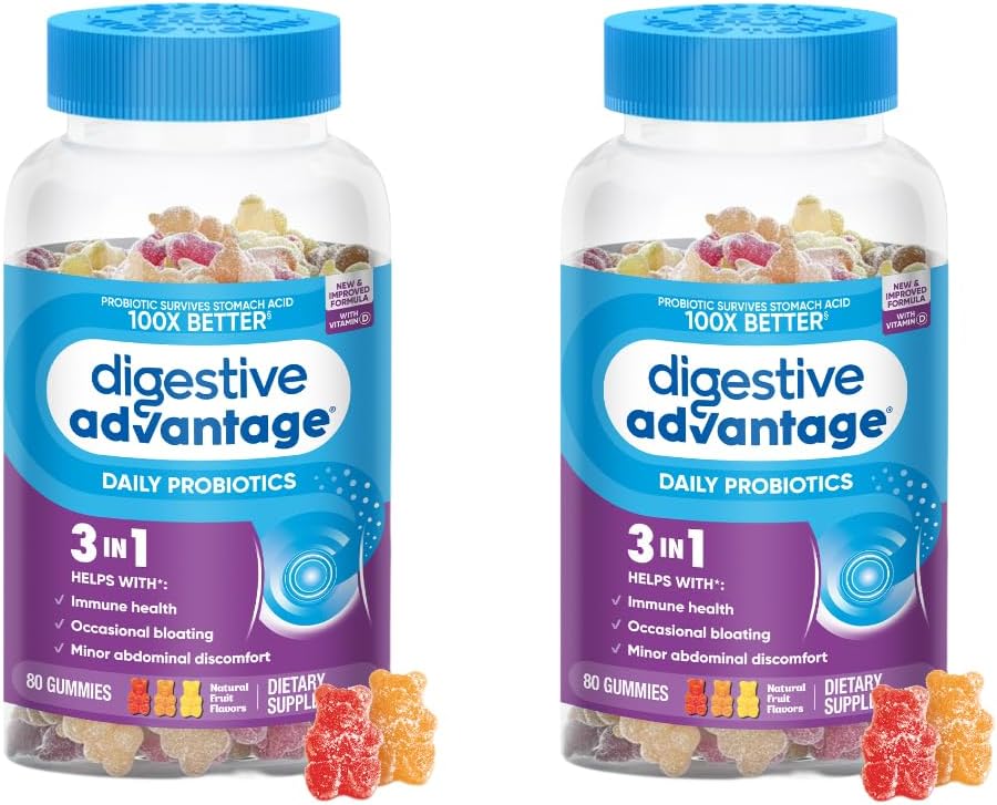 Avantage digestif Gommies probiotiques quotidiens pour la santé digestive, Gut Health & Immune Support, probiotiques pour les hommes et les femmes (80ct) - Délicieux arômes naturels de fruits* (paquet de 2)