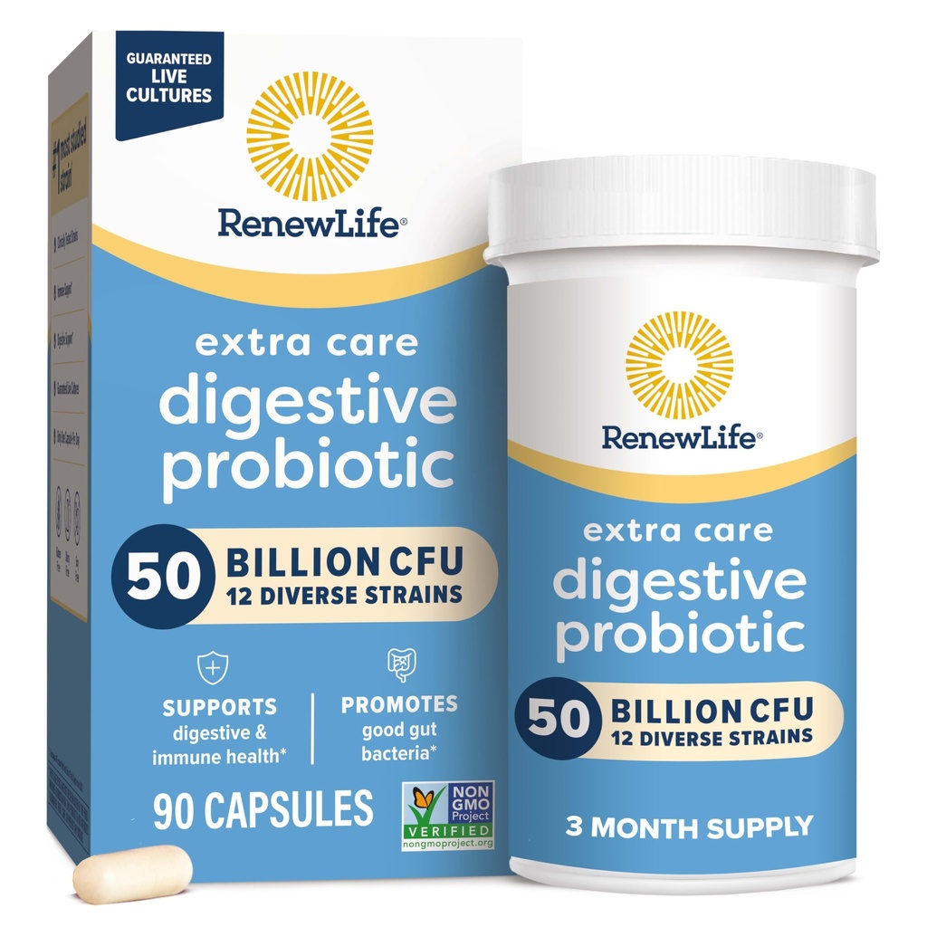 Renouveler la vie Soins supplémentaires Capsules probiotiques digestives, 50 milliards d'UCF garantis, supplément quotidien soutient la santé immunitaire, digestive, respiratoire(1), L. Rhamnosus GG, laiterie, soja et sans gluten, 90 Compte