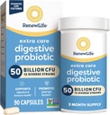 Renouveler la vie Soins supplémentaires Capsules probiotiques digestives, 50 milliards d'UCF garantis, supplément quotidien soutient la santé immunitaire, digestive, respiratoire(1), L. Rhamnosus GG, laiterie, soja et sans gluten, 90 Compte