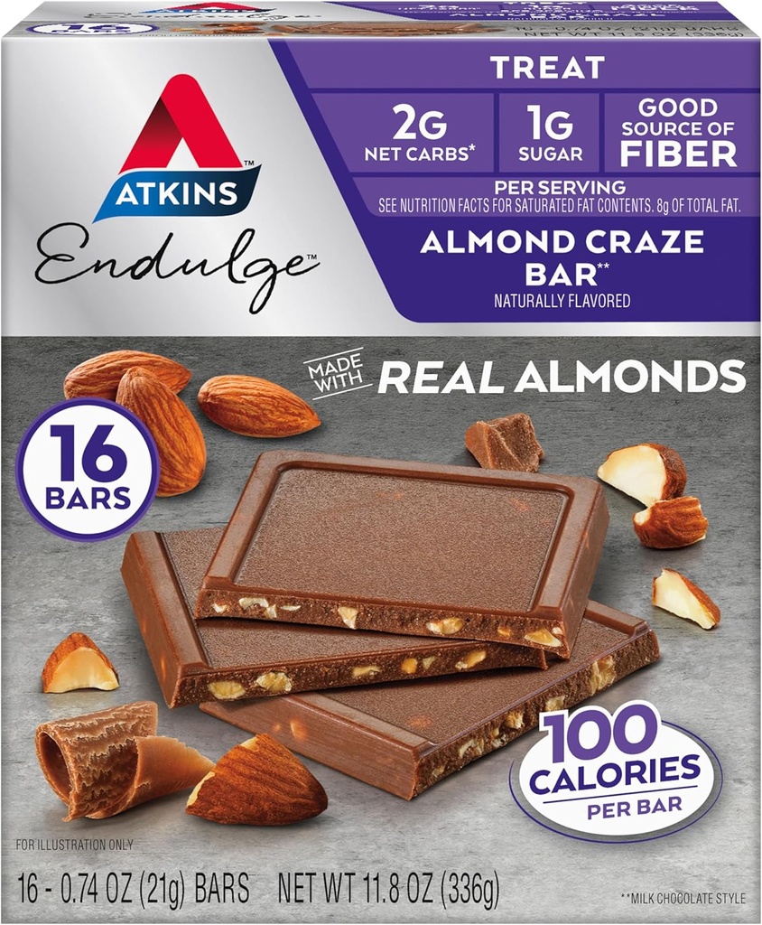 Atkins Endulge Treat, Amand Craze Bar, 2g de glucides nets, 1g de sucre, bonne source de fibre, Keto Friendly, 16 comte