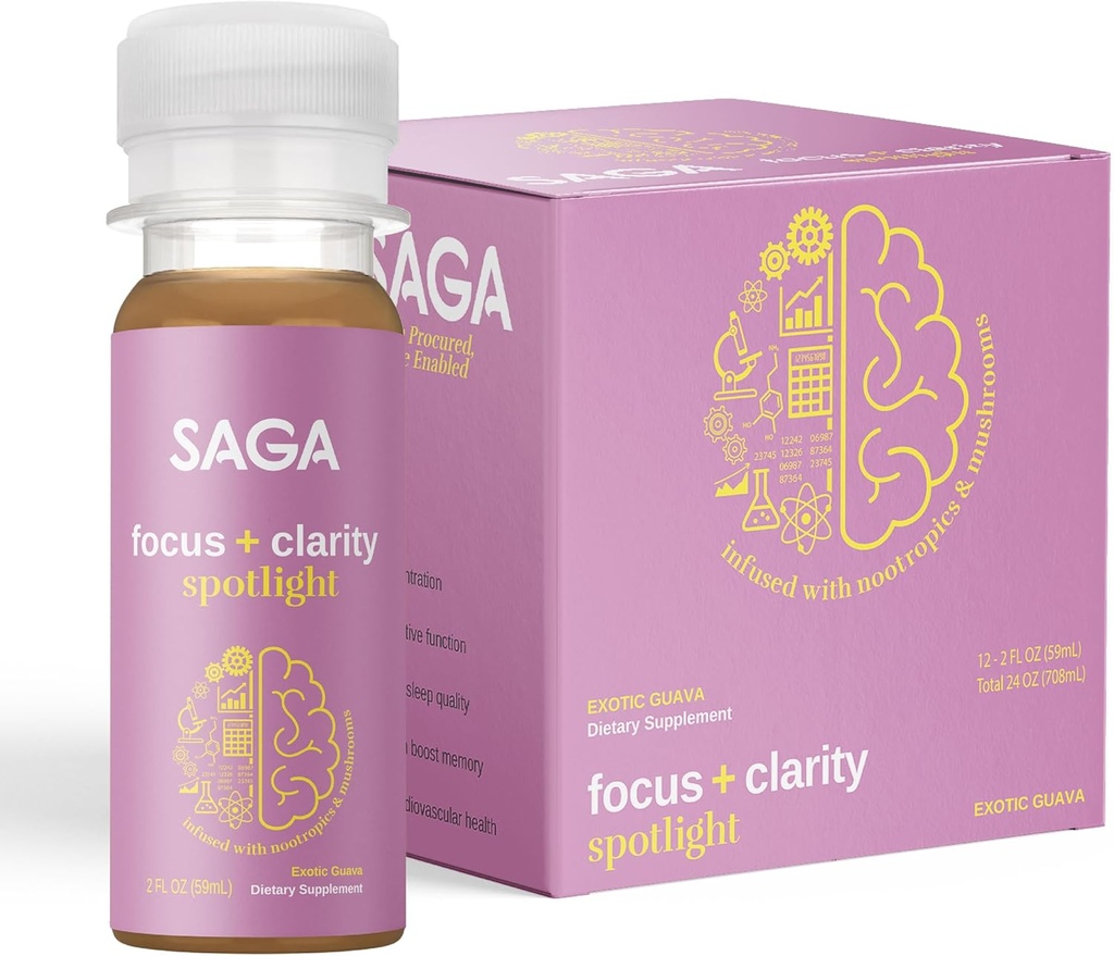 SAGA Organic Focus Shots | Contains Nootropics, Adaptogens, & Mushrooms - Bacopa & Ashwagandha | High Bioavailability & Fast Onset | No Jitters & Boosts Productivity | Exotic Guava 2oz Shots(12-Pack)