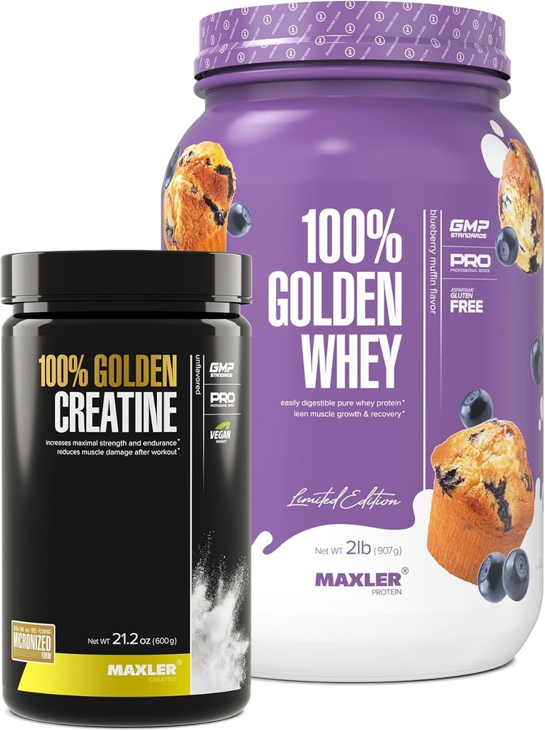 Maxler 100 % Golden Whey (Muffin bleu 2 lb) et 100 % Golden Creatine (non aromatisé 21,2 oz)