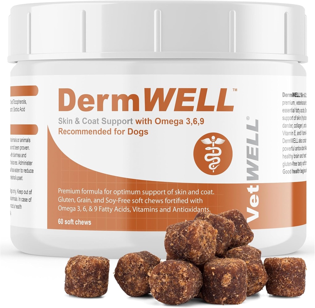 Supplément VetWELL Omega 3 pour chiens avec huile de krill antarctique, Astaxanthin, Omega 3 6 9, EPA, DHA pour peau étonnante et manteau (60 comte)