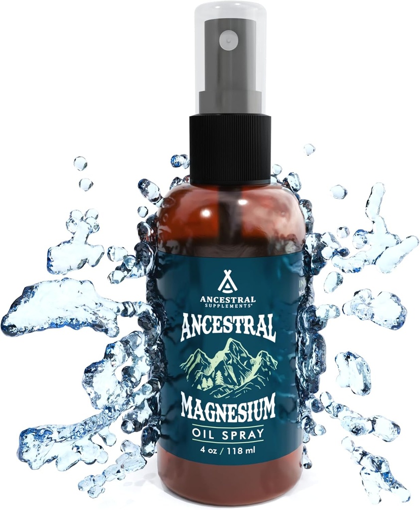 Suppléments ancestraux Spray au magnésium, Magnésium pour le sommeil + support musculaire, Fabriqué avec du chlorure de magnésium et des minéraux naturels, Supplément d'huile de magnésium topique d'absorption rapide pour l'application du corps, 4 oz