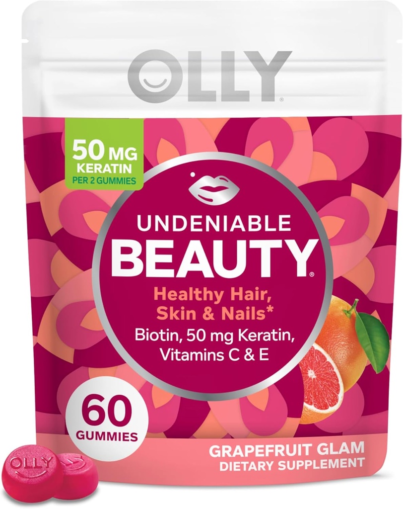 OLLY Undeniable Beauty Gummy, For Hair, Skin, Nails, Biotin, Vitamin C, Keratin, Chewable Supplement, Grapefruit, 30 Day Supply - 60 Count