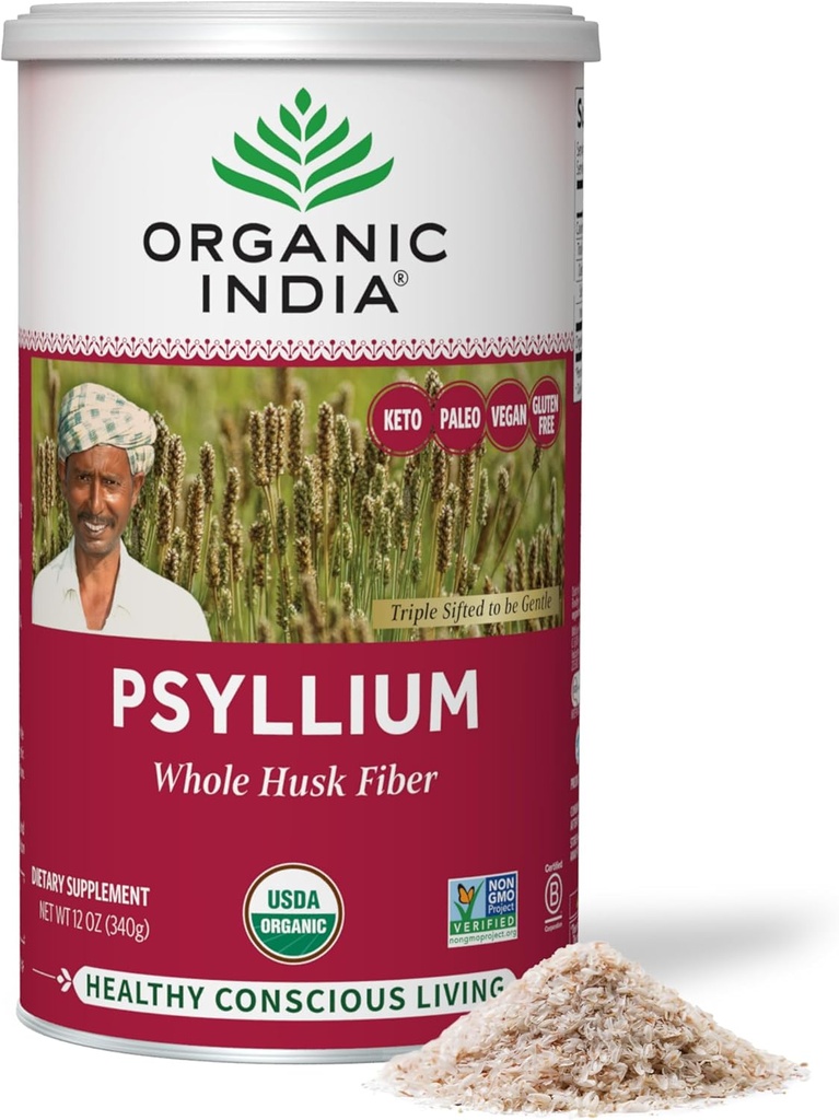 INDE ORGANIQUE Poudre de musc de Psyllium entière organique - Supplément de fibre de musc de Psyllium, support de digestion, végétalien, sans gluten, sans OGM, soluble et insoluble Source de fibre - 12 oz (paquet de 1)
