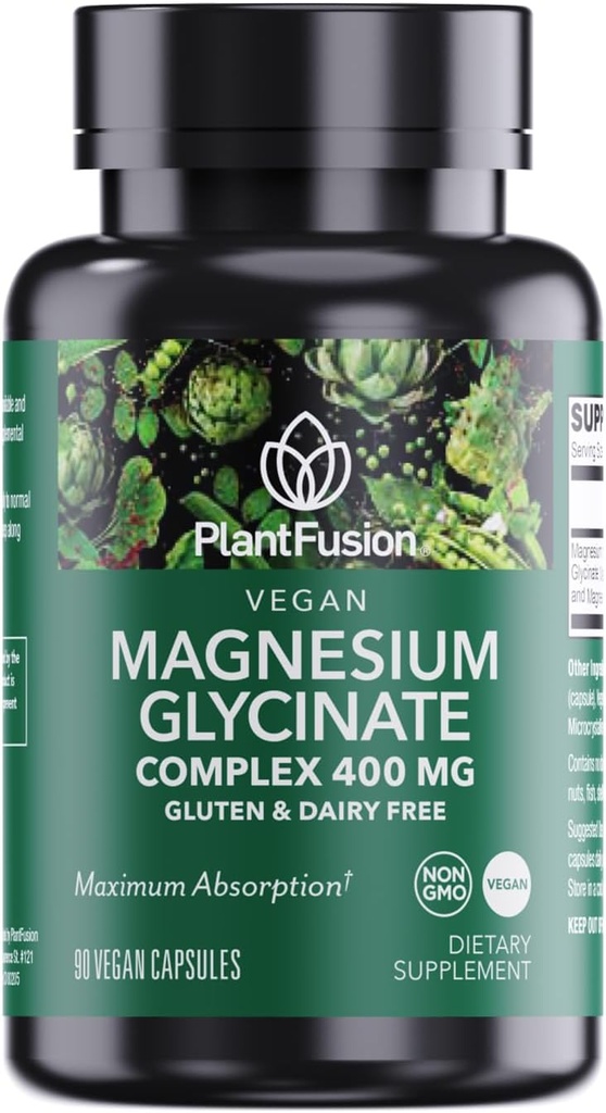 PlantFusion Complexe de glycinate de magnésium végétalien 400 mg - Absorption élevée et biodisponibilité - Chélaté - Soutient la relaxation musculaire, le sommeil, la santé cardio, le soulagement du stress et la production d'énergie - Non OGM