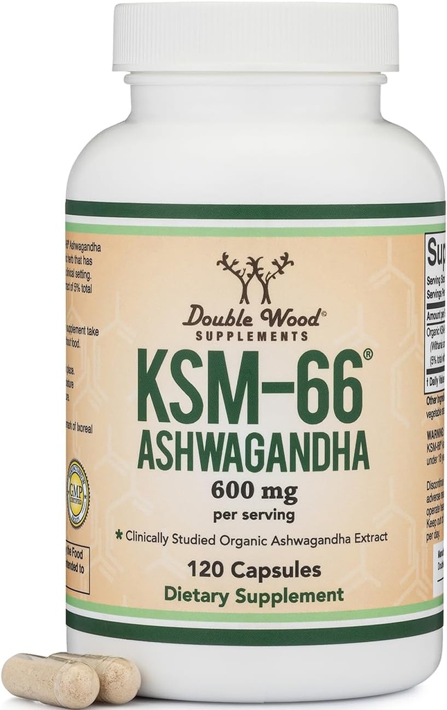 Suppléments en bois double Ashwagandha KSM 66 Extrait biologique et cliniquement étudié (600mg par portion, 120 capsules, 60 portions) Adaptogen Cortisol Manager pour les femmes et les hommes