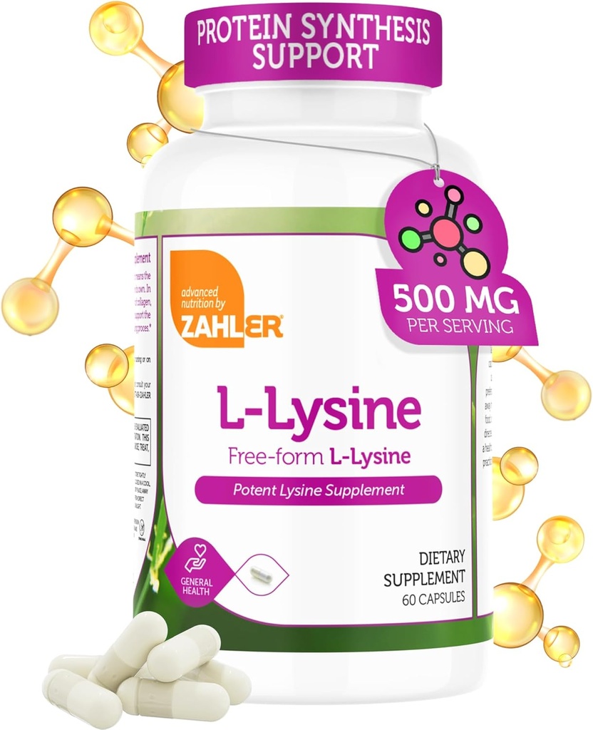 Zahler L-Lysine 500mg, Supplément L-Lysine libre, Kosher 60 Capsules
