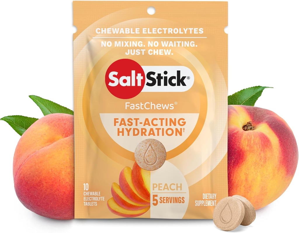 Comprimés de remplacement d'électrolytes SaltStick Fastchew pour la réhydratation, paquet de 10 comprimés, pêche, 10 comte (7201761)