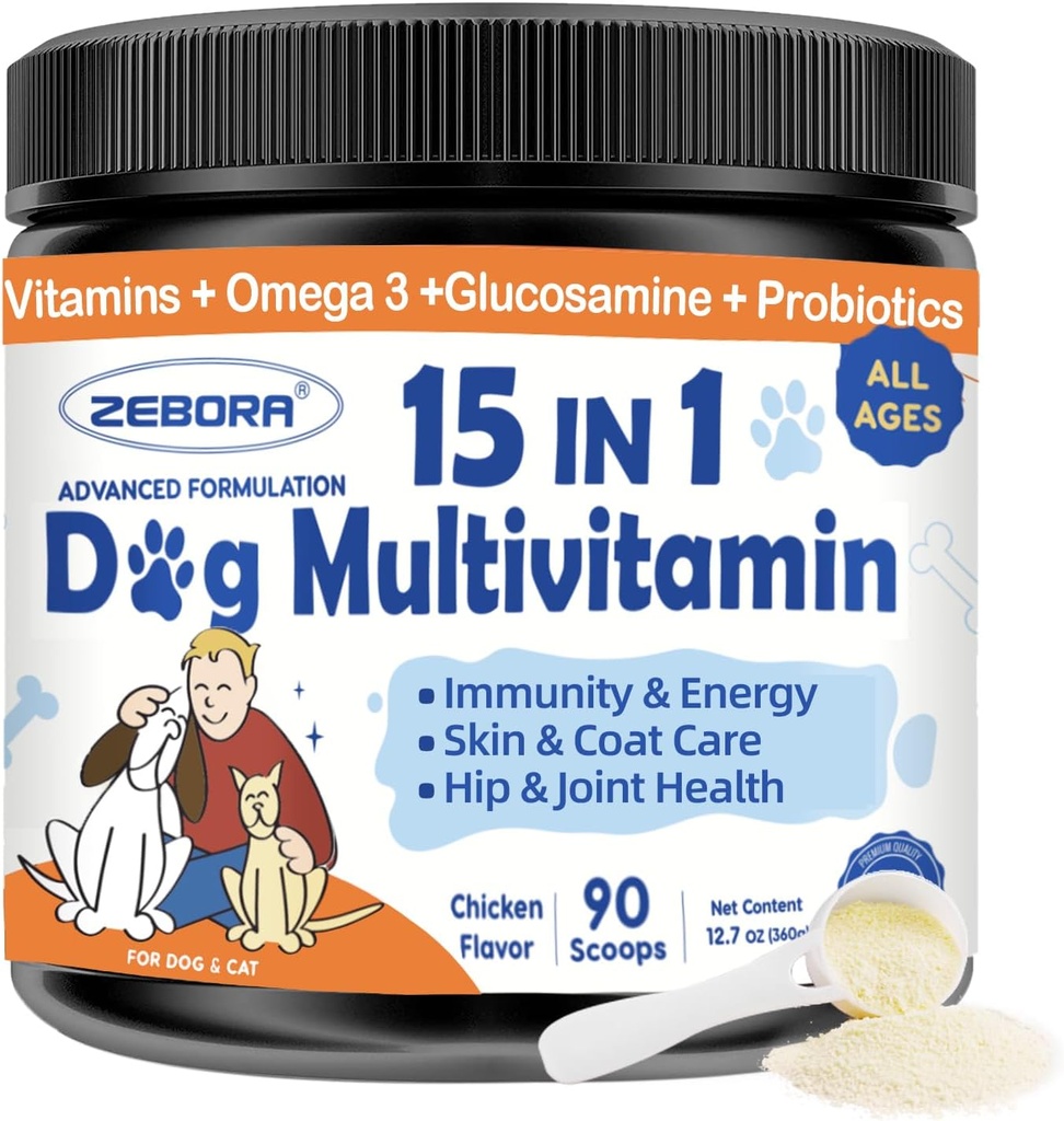 ZEBORA Poudre multivitamine de chien avec Glucosamine, Vitamines de chien et suppléments pour le soutien immunitaire, la peau et le supplément de manteau avec Omega 3 pour le soulagement de l'allergie, probiotiques pour la santé digestive et Gut