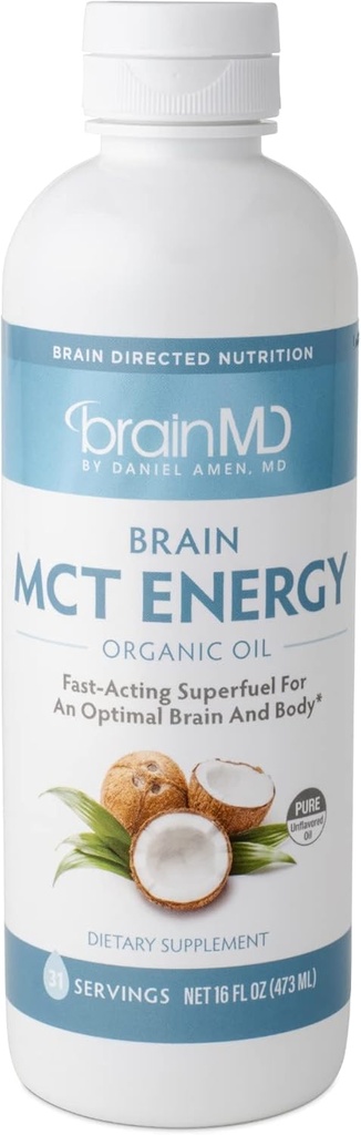 Dr Amen BrainMD Brain MCT Energy - 16 fl oz - Energy Support for Brain & Body - Improves Focus & Satiety - Clean & Fast Acting - Gluten Free - 31 Servings