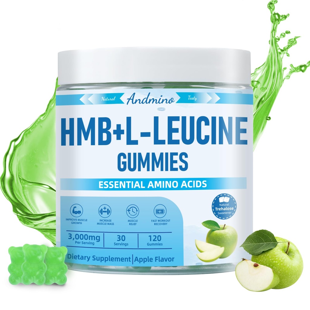 Gommies HMB et L-Leucine, 3000mg, avec Trehalose, pour la croissance musculaire, le soulagement musculaire et la récupération d'entraînement, pour les adultes et les aînés, non OGM, végétalien, sans gluten, saveur de pomme, 120